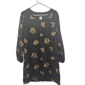 Cabi Black Gold Asian Inspired Embroidered Floral Dress Long Sleeve M Sheer